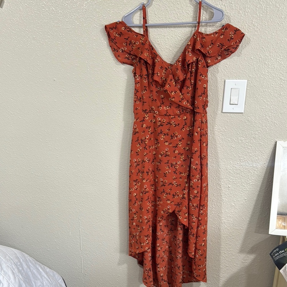 The general good floral Off-Shoulder Dress in Rust by [Brand]